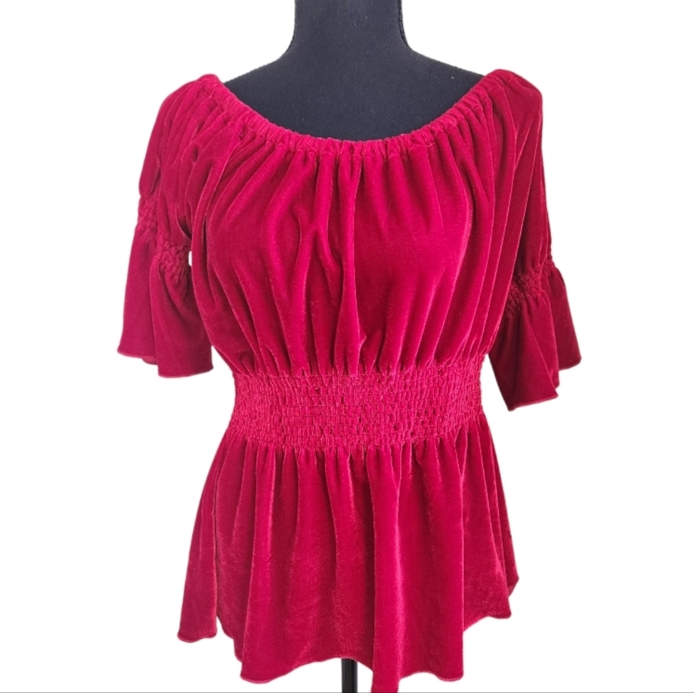 RANCHO ESTANCIA velvet peplum peasant blouse dark red size medium